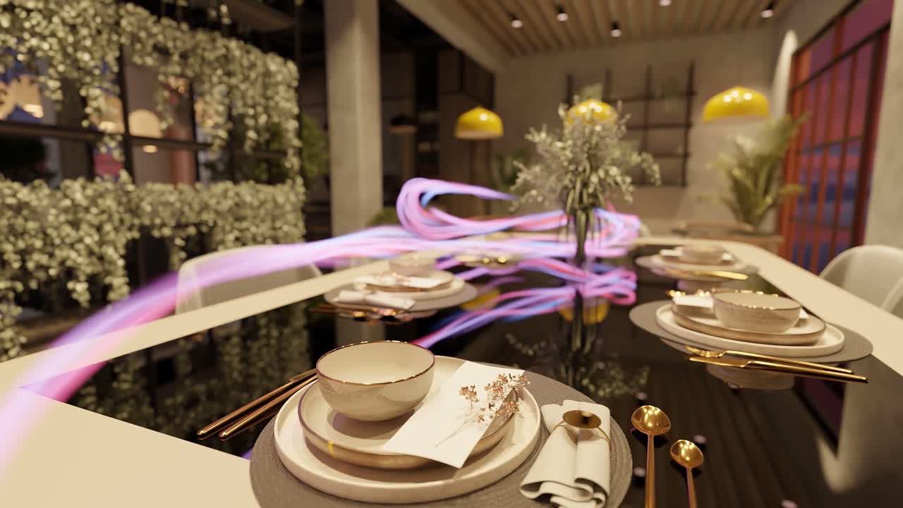 세라 접시, 금색 식구, 그리고 현대 레스토랑 인테리어에서 반사 검은 표면에 꽃 장식으로 우아한 테이블 설정. 따뜻한 조명과 장식 식물.