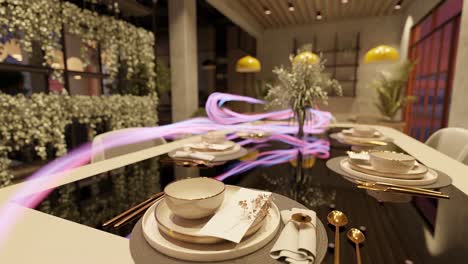 elegante mesa con platos de cerámica, cubiertos dorados y decoración floral en una superficie negra reflectante en un interior de restaurante moderno. iluminación cálida y plantas decorativas.