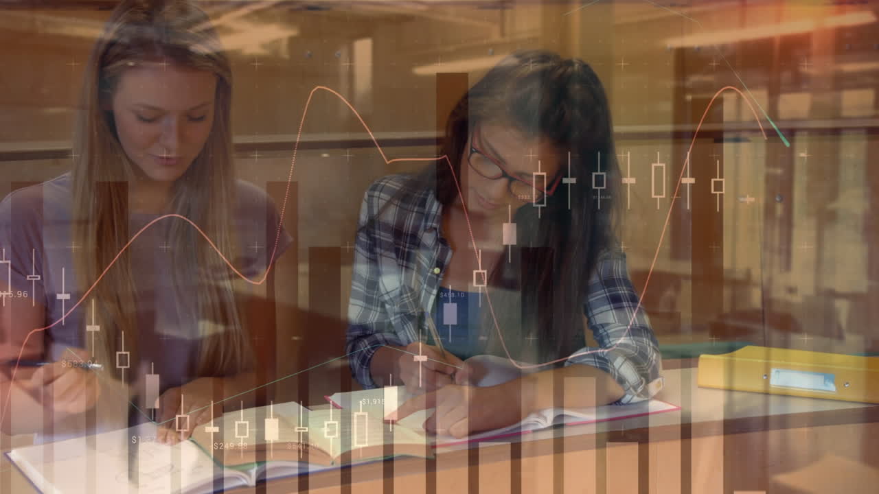 animación del procesamiento de datos digitales sobre estudiantes femeninas que estudian