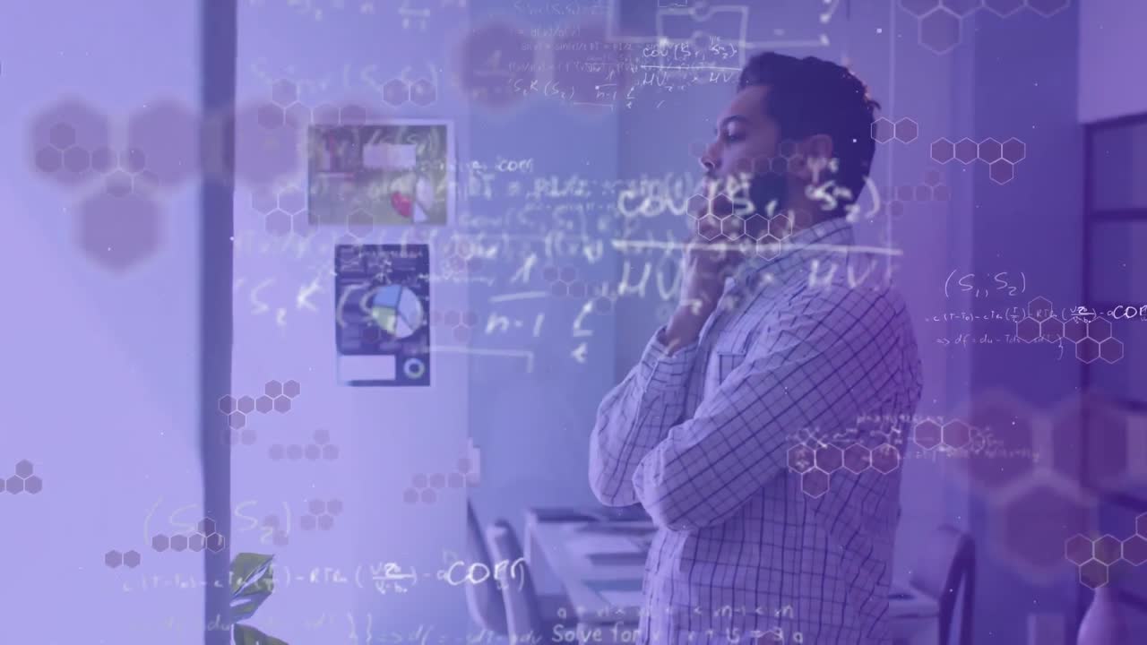 Animation of scientific data processing over man thinking in office