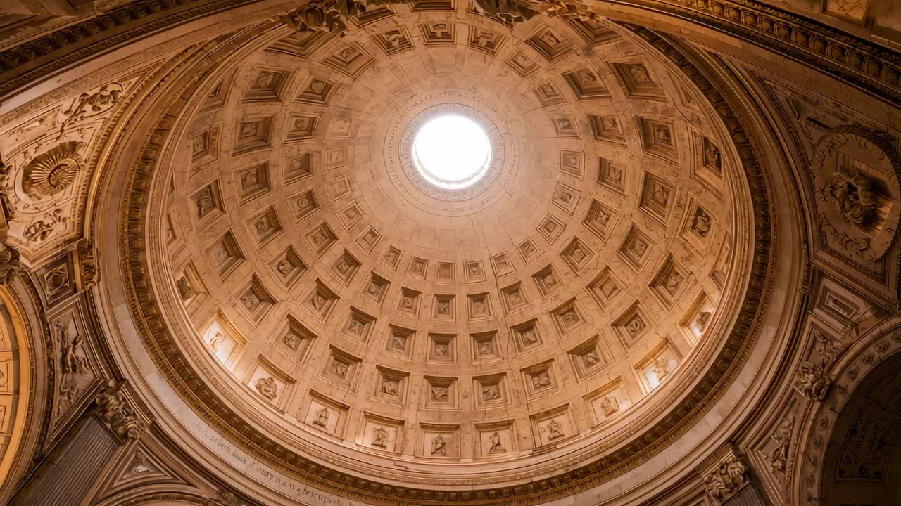 Streaming light through oculus, camera capturing coffered cathedral dome featuring relief panels