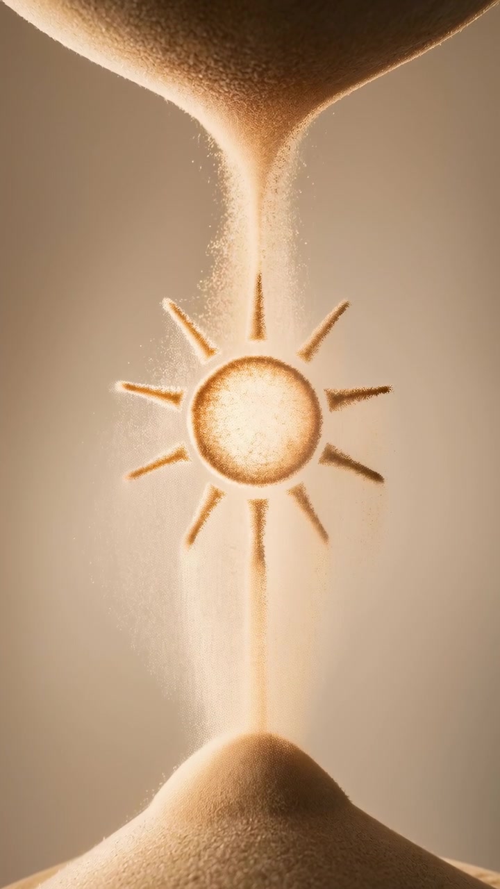 Fine sand streams between upper and lower mounds in vertical close-up, forming glowing hourglass shape with sunlike center, soft drifting particles, warm beige light, minimal background, calm