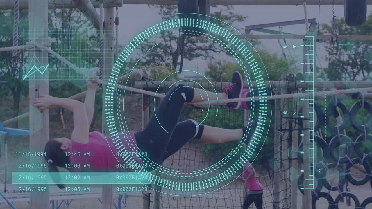 animación del procesamiento de datos sobre mujeres diversas en la escalada de obstáculos