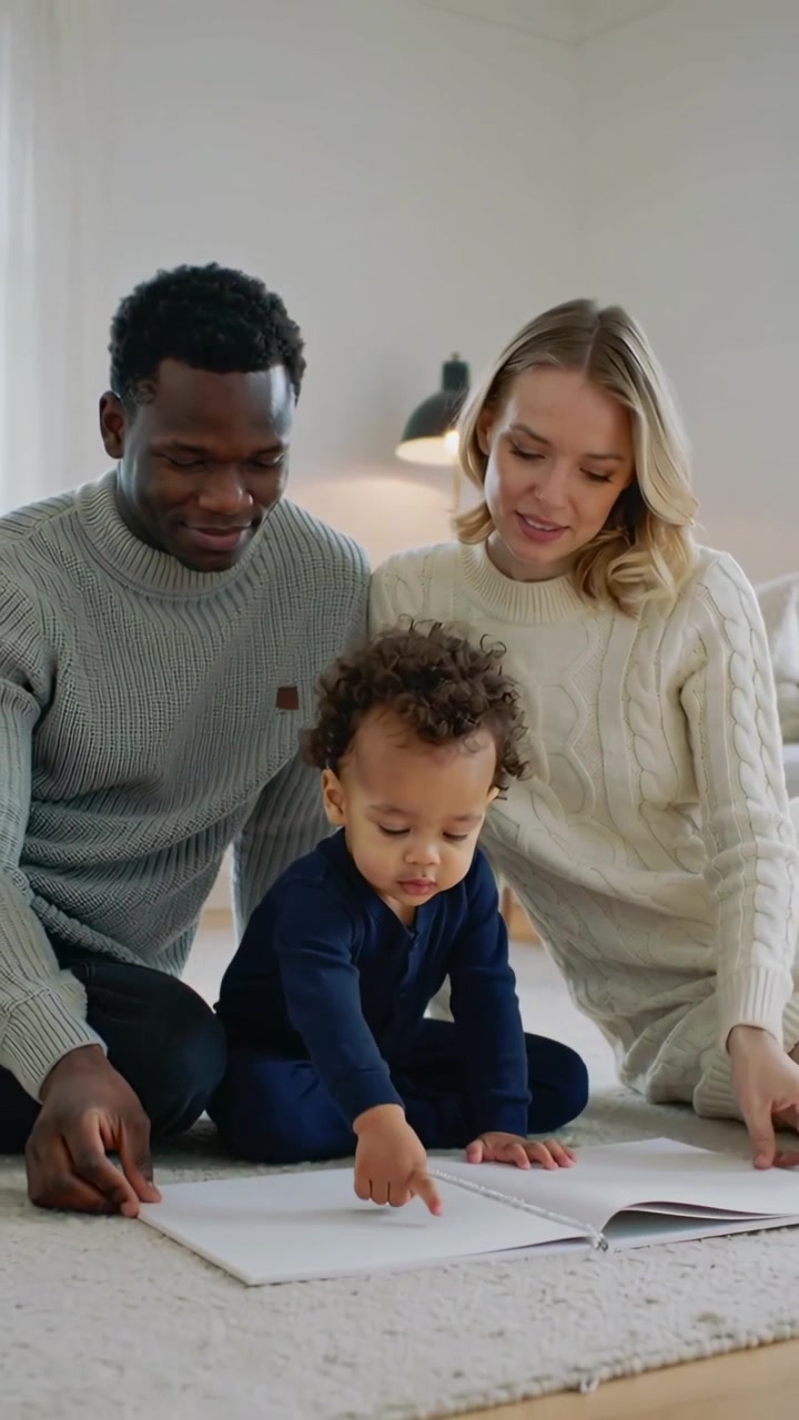 Video verticale: Libro illustrato inclinato, genitori che guidano un bambino in abiti blu scuro che tocca le pagine esplorando casa