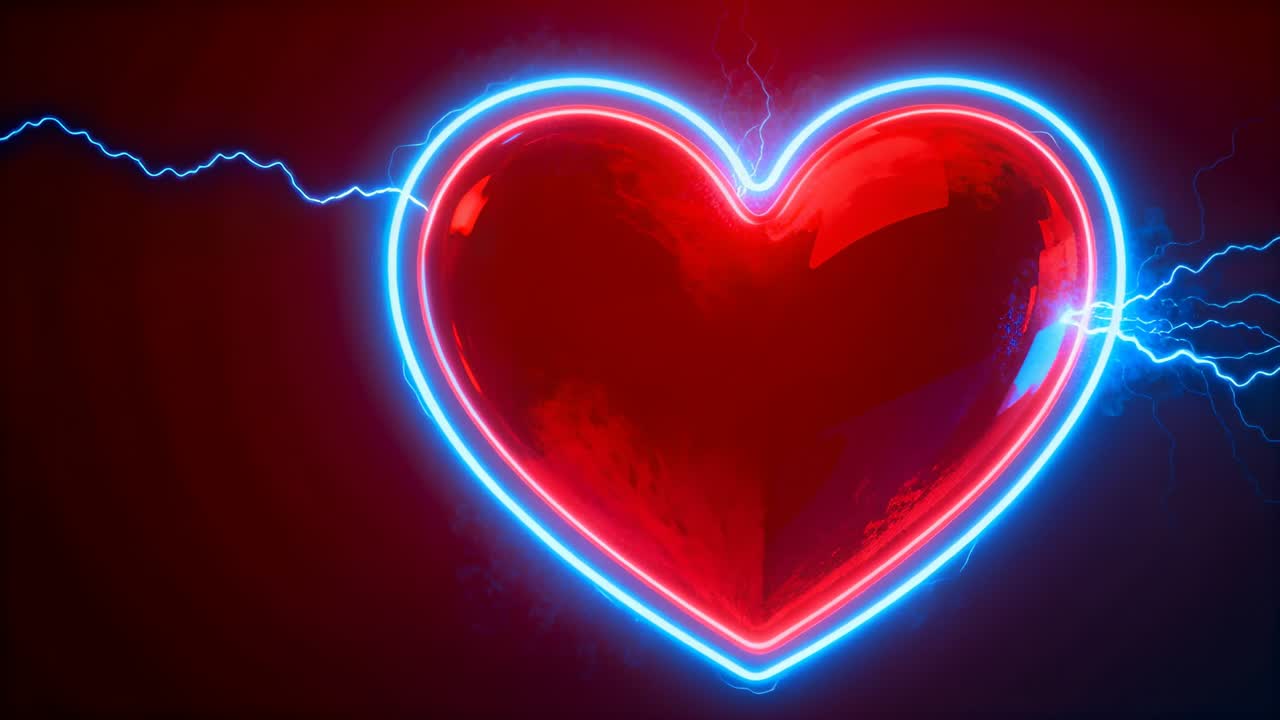 Arco elettrico che colpisce da sinistra il bordo di un cuore rosso lucido in studio, energizzando un anello al neon.