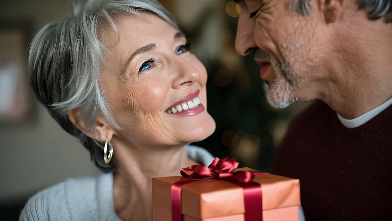 Warm smile lights up a woman's face. Man kisses her cheek with affection. Gift wrapped in red ribbon rests in her hands. Soft lighting highlights their joyful moment. Ideal for family, anniversary