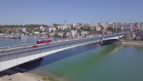 slow panorama 4k aerial shot of branko bridge in belgrade