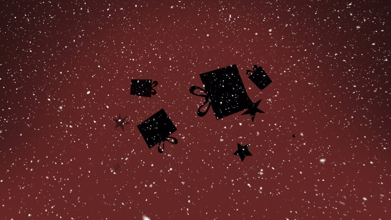 Snow falling over silhouette of multiple gift boxes and star icons against red background