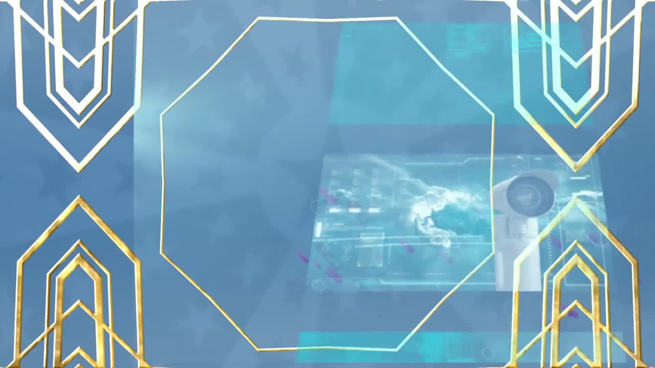 파란색 배경의 화면에서 보라색 빛 트레일과 데이터에 대한 금색 패턴의 애니메이션