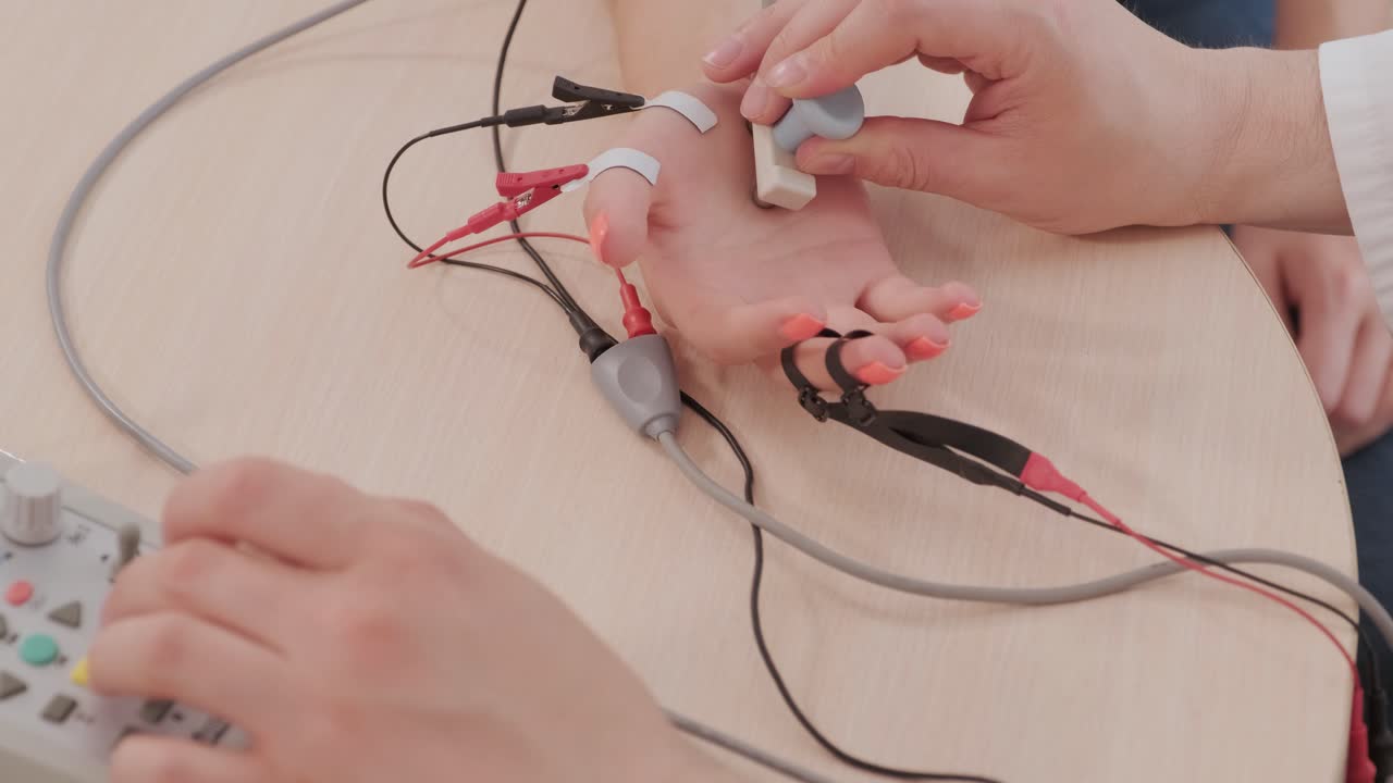 의료 센터에서 전기 근육 촬영을 사용하여 환자의 신경 검사를 수행합니다.