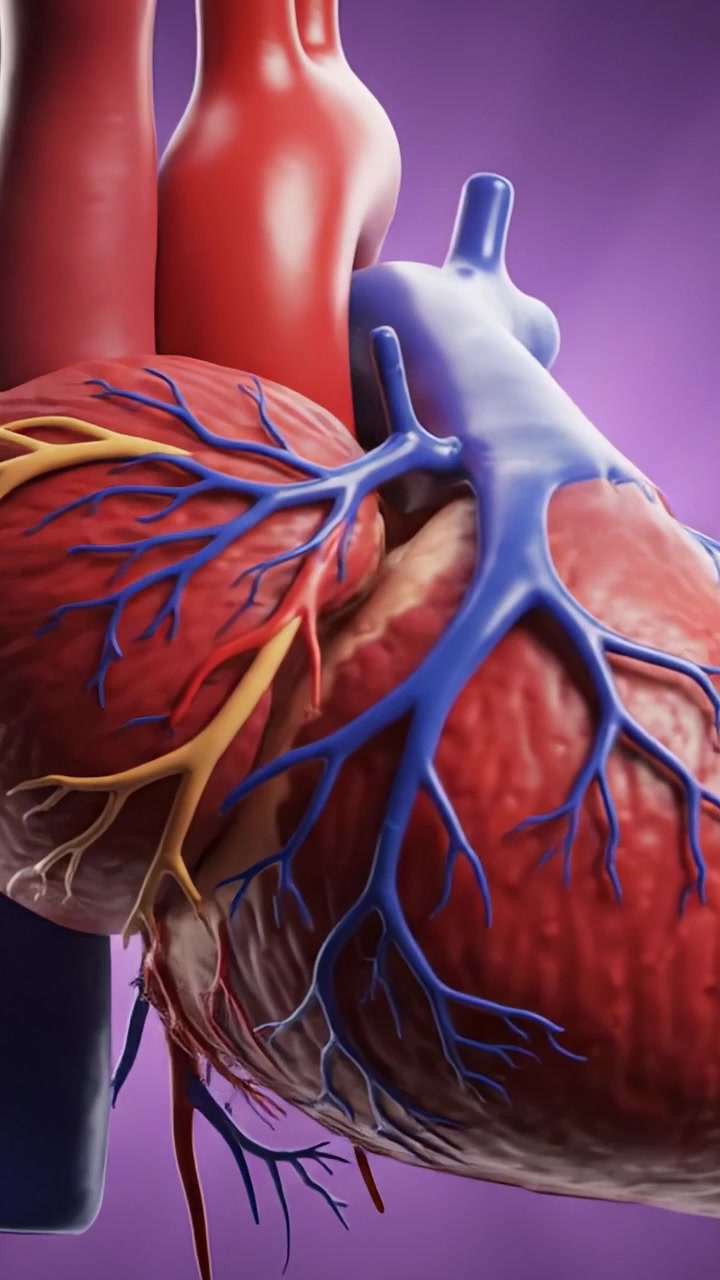 Detailed 3D Anatomical Representation of the Human Heart, Showcasing Blood Vessels and Cardiac Structure for Educational Purposes in Medical Visualization