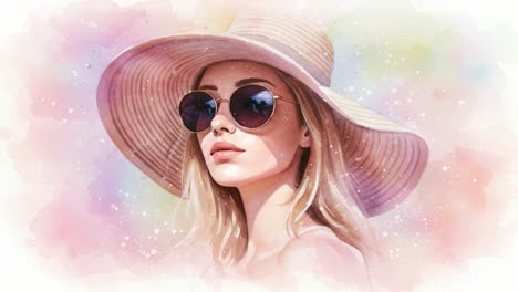 a beautiful young woman in a wide-brimmed hat and sunglasses, exuding elegance amidst a soft, dreamy background of pastel colors and artistic flourishes