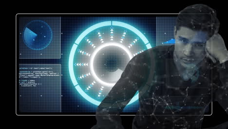 animación de procesamiento de datos y hombre caucásico en fondo negro