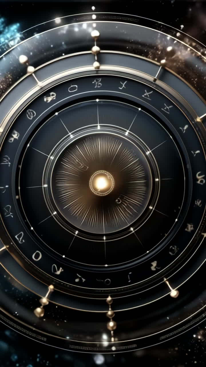 Astrological symbol layout. Vibrant display of astrological signs surrounded by cosmic elements in a dark space, resembling celestial patterns.