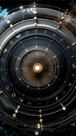 astrological symbol layout. vibrant display of astrological signs surrounded by cosmic elements in a dark space, resembling celestial patterns.