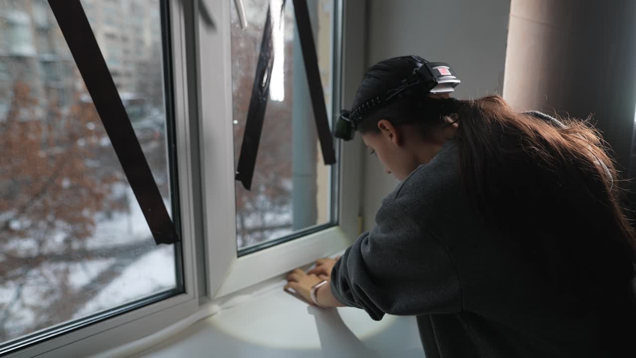 겨울 에 창문 을 수리 하는 여자