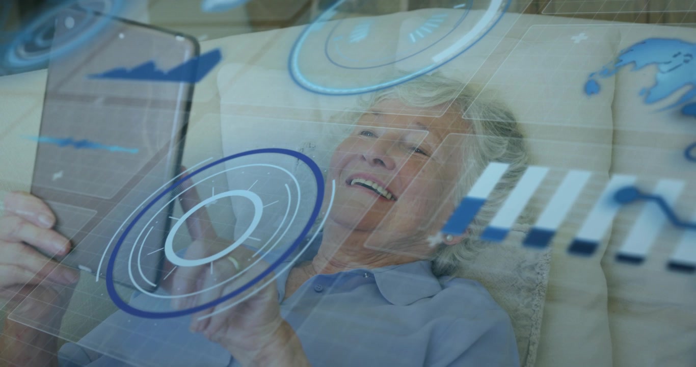 Senior woman lifting tablet activating holographic data charts scrolling through business metrics