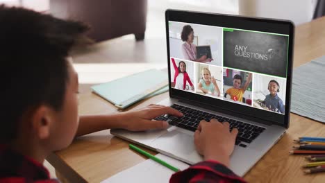 Schoolboy-using-laptop-for-online-lesson-at-home,-with-diverse-teacher-and-class-on-screen