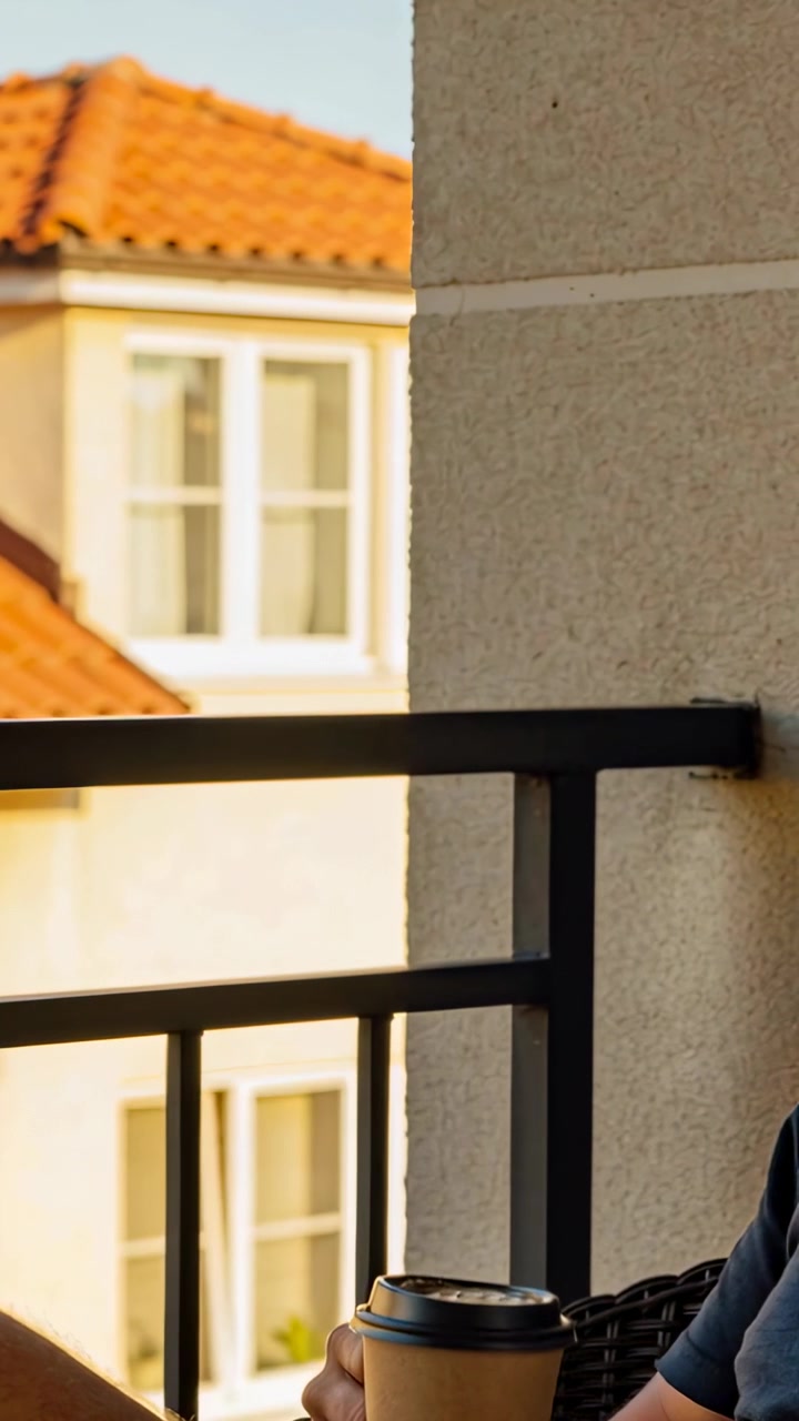 Video verticale: Uomo con maglietta scura che sorseggia, abbassa e appoggia la tazza sul parapetto metallico del balcone, spazio per il testo