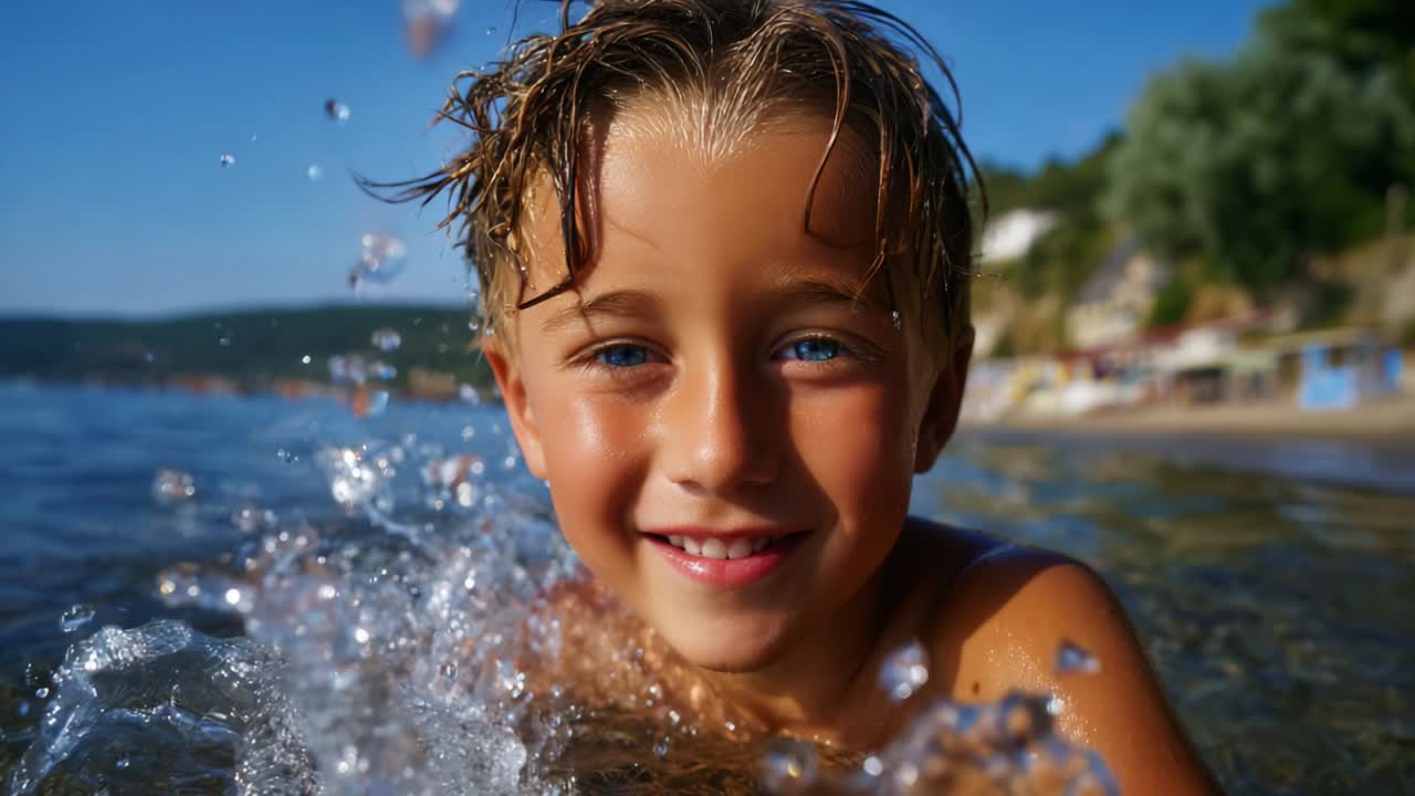 A joyful child splashes in the shimmering water, capturing the essence of summer fun, playful moments, and the bliss of childhood at the beach, illuminated by the warm sun and surrounded by nature's beauty