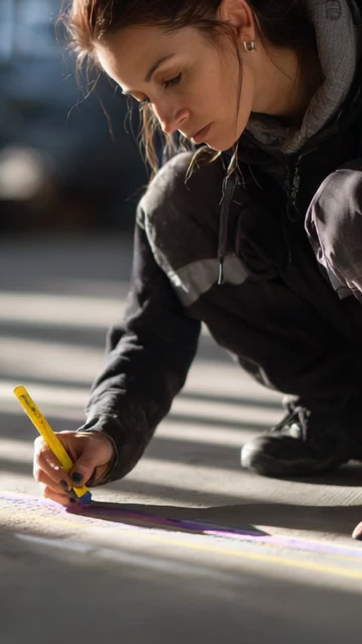 Focused Artist Carefully Draws Precise Lines on Floor While Kneeling, Showcasing Attention to Detail and Craftsmanship in Urban Environment