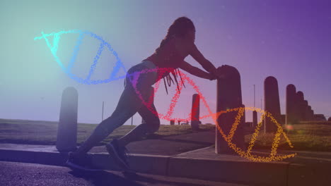 animation of dna strand over biracial woman exercising in park