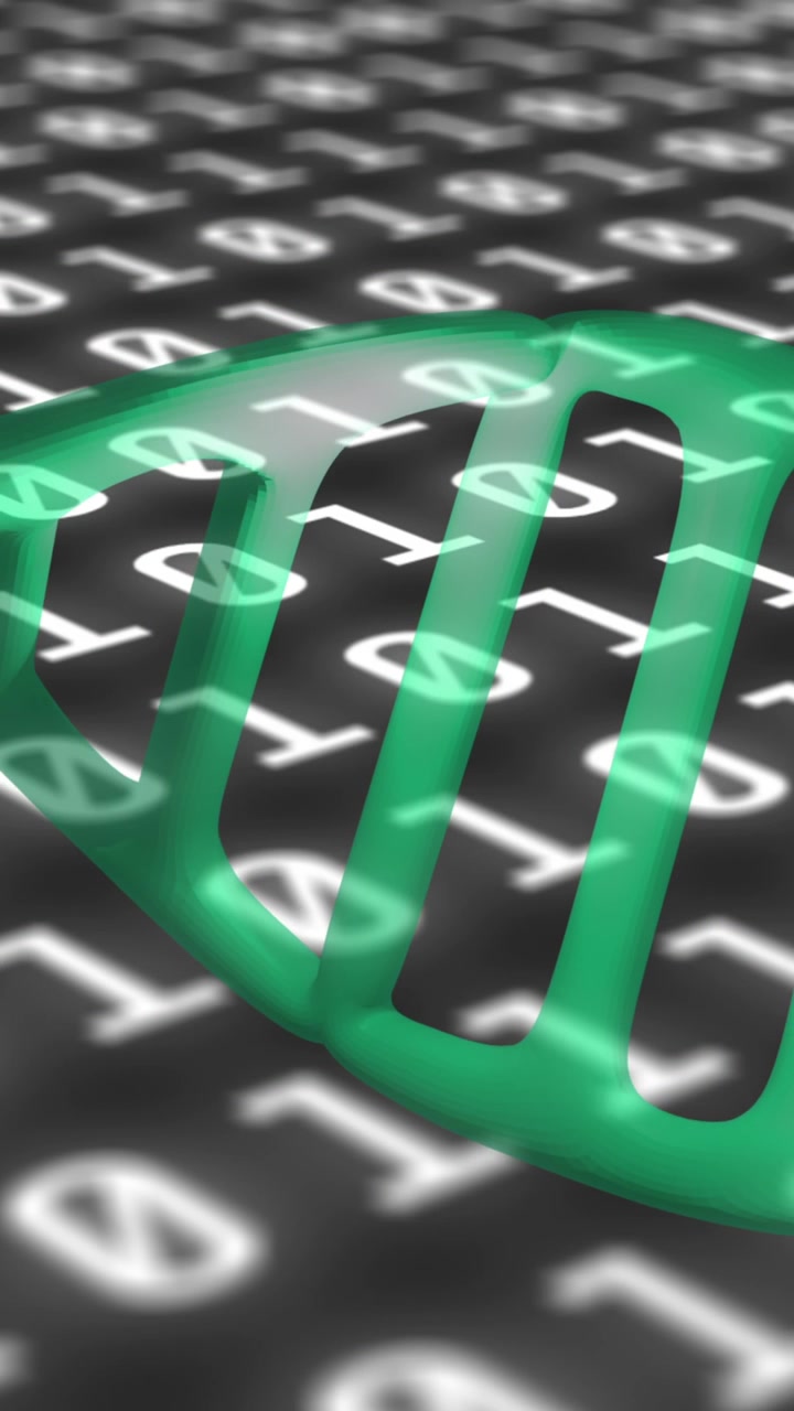 Animation of data processing and dna strand on black background
