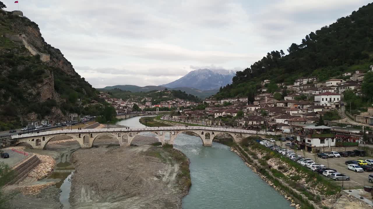 Scenic aerial view of Berat, Albania's historic village by a river