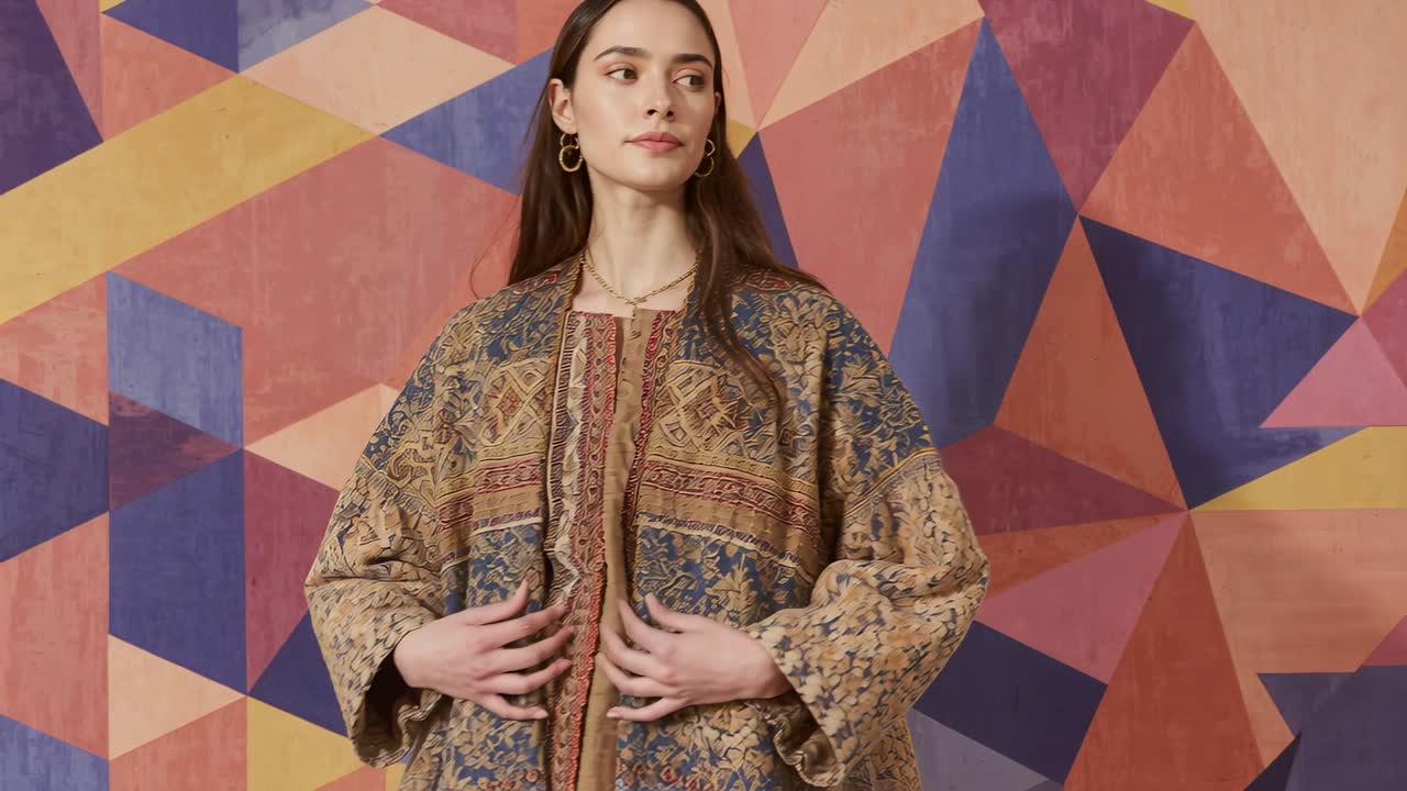 La telecamera inizia a riprendere una modella in piedi sul set con un murale, mentre sistema il cappotto in tappezzeria mostrando le maniche.