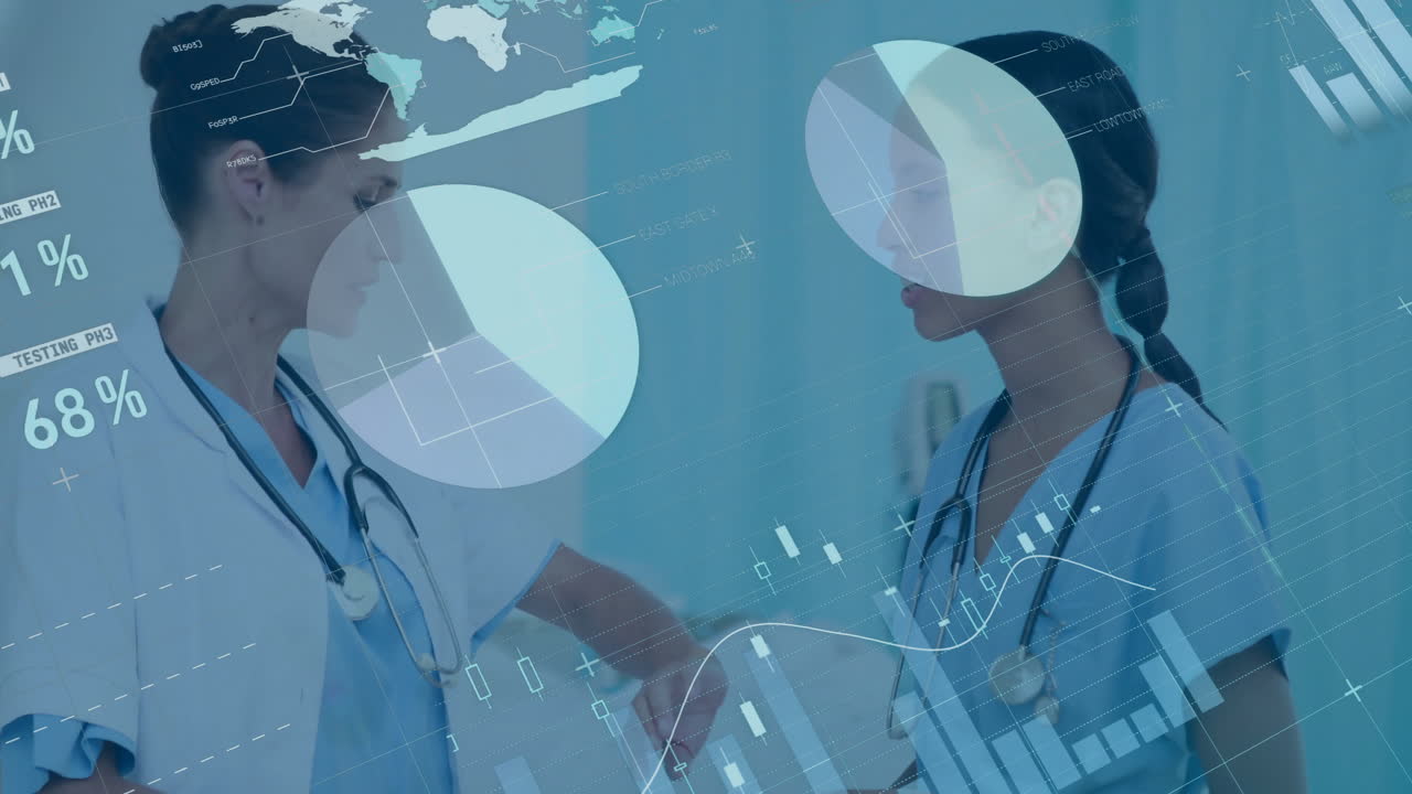 데이터 처리 및 다이어그램의 애니메이션 다양한 여성 의사 이야기