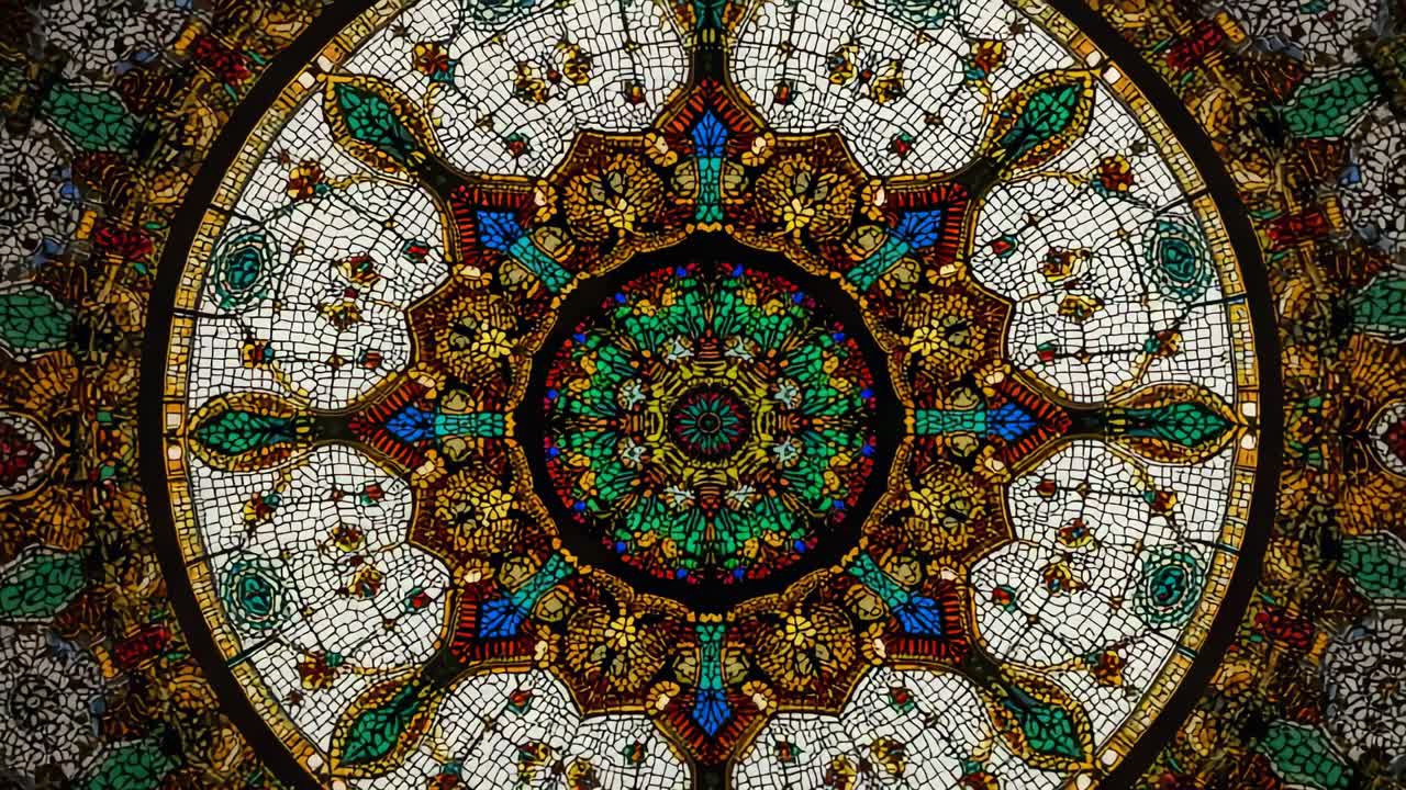 Starting camera capturing ornate circular stained glass dome in cathedral, with mosaic motifs