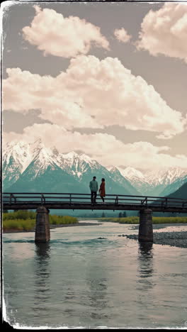 couple's romantic getaway on a wooden bridge amidst majestic mountains