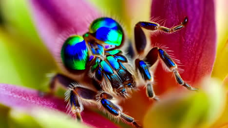 close-up of an iridescent blue and green insect on a vibrant flower