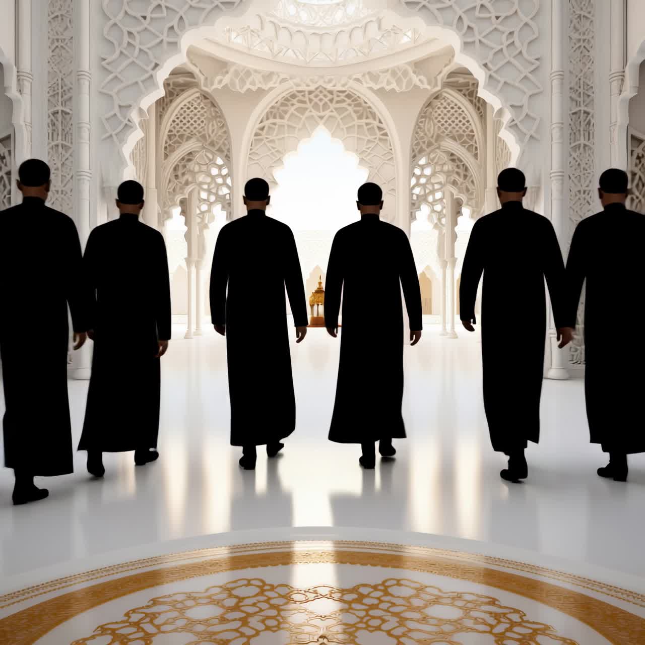 Gruppo di uomini che camminano in una sontuosa sala bianca di una moschea islamica