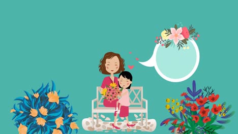 Animation-of-mum-and-child-over-speech-bubble-with-copy-space-and-flowers-moving-in-hypnotic-motion