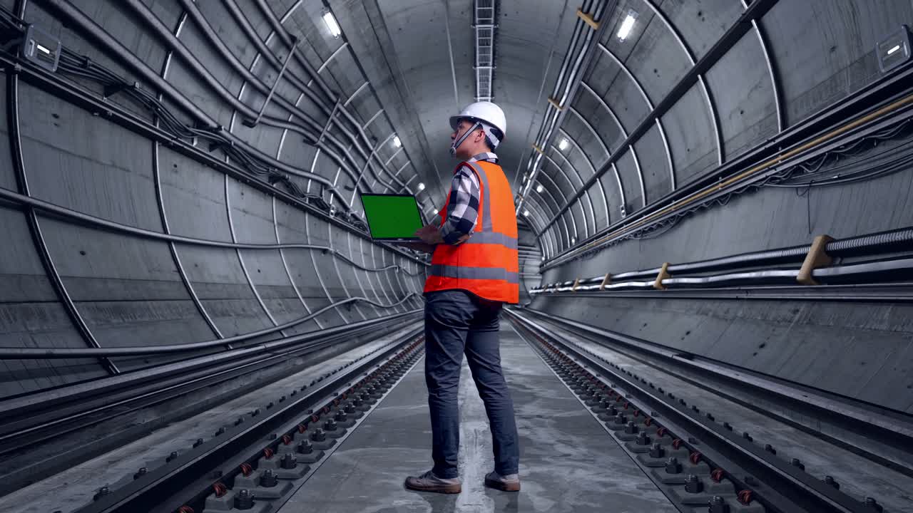 Full Body Back View Of Asian Male Engineer With Safety Helmet Working On A Green Screen Laptop And Looking Around While Standing In Underground Subway Tunnel