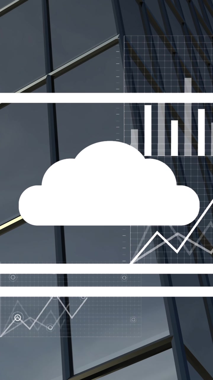Animation of multiple graphs, icons and loading bars over midsection of modern building