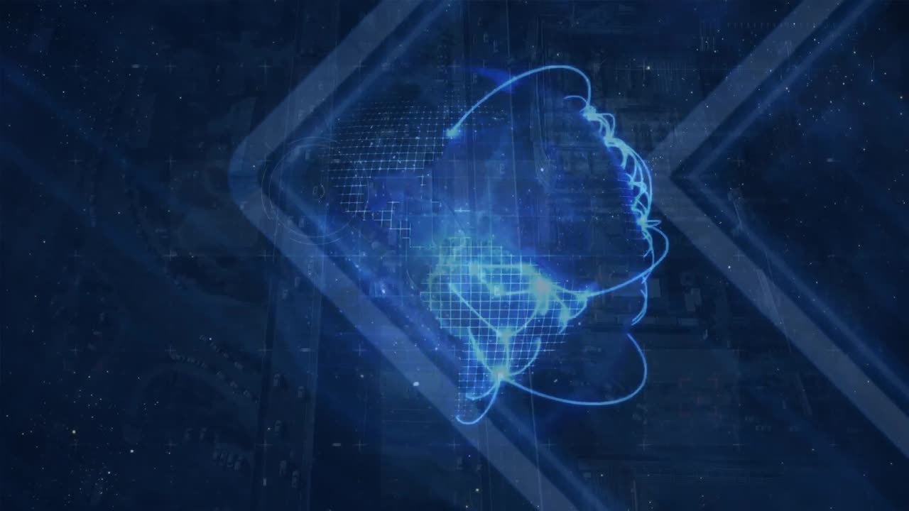 animación de conexiones brillantes y globo girando sobre un fondo azul brillante