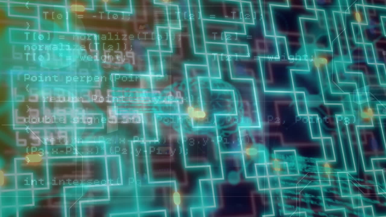 Animation of glowing connections and digital data processing on dark background