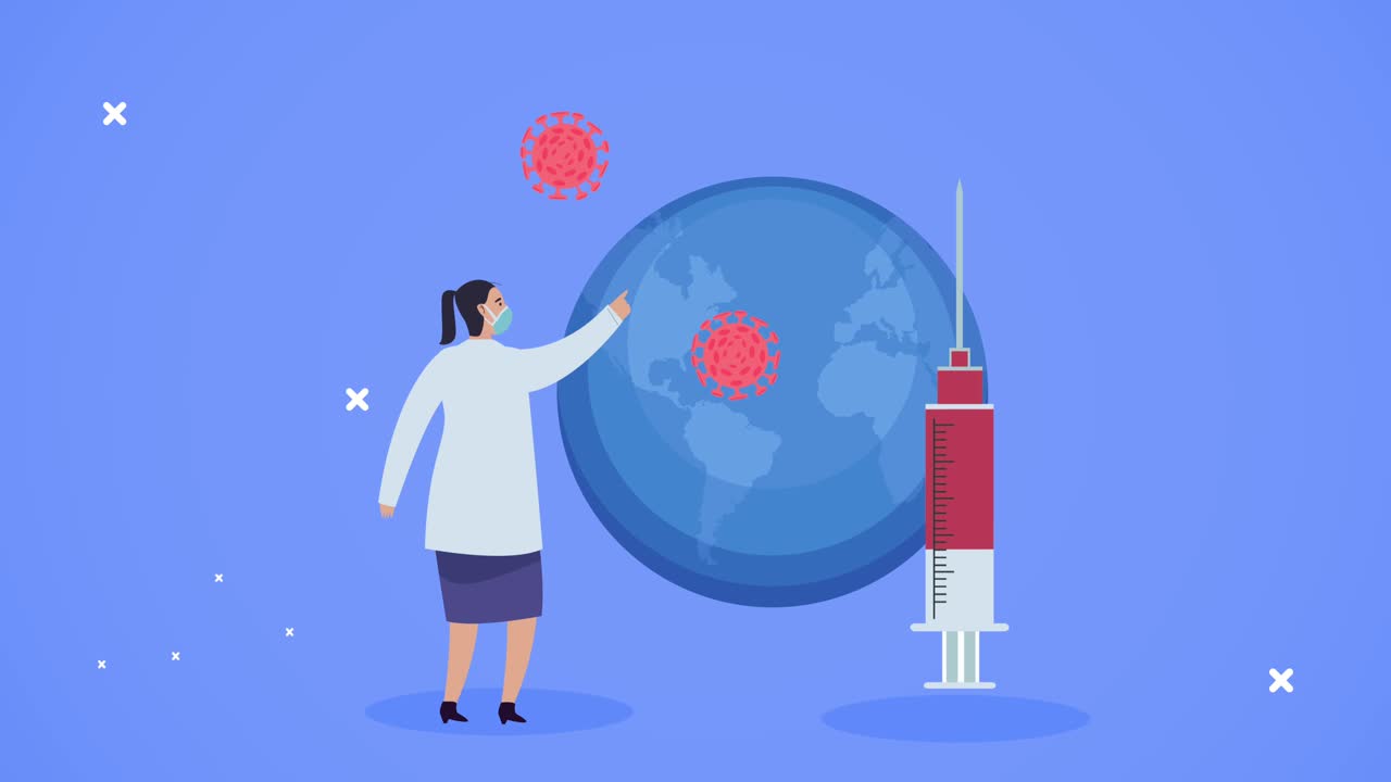 female doctor with vaccine and covid19 particles in earth planet