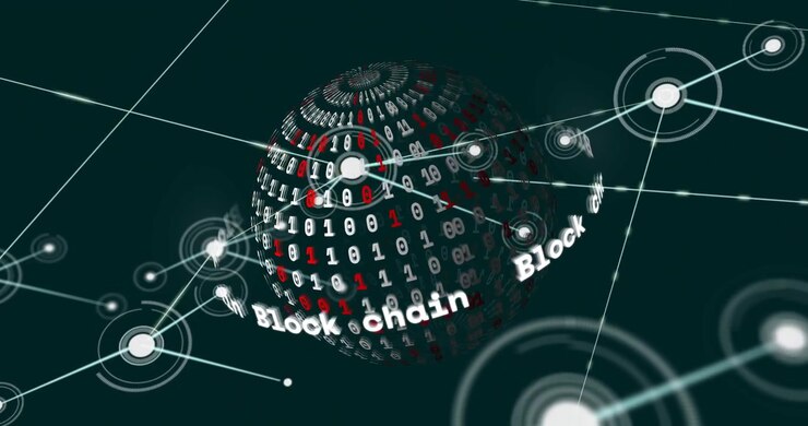Digital globe appearing, rotating, Block chain band orbiting, nodes linking red bits for mapping