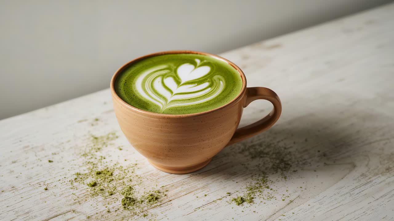Starting zoom down, camera revealing ceramic cup on cafe table with matcha powder showing latte art