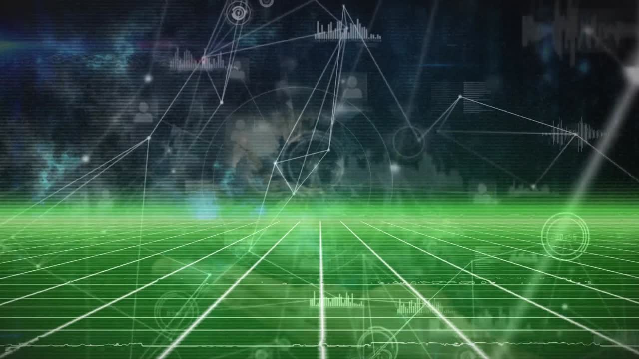 animación de la red de conexiones con información y estadísticas, en cuadrícula verde y negra