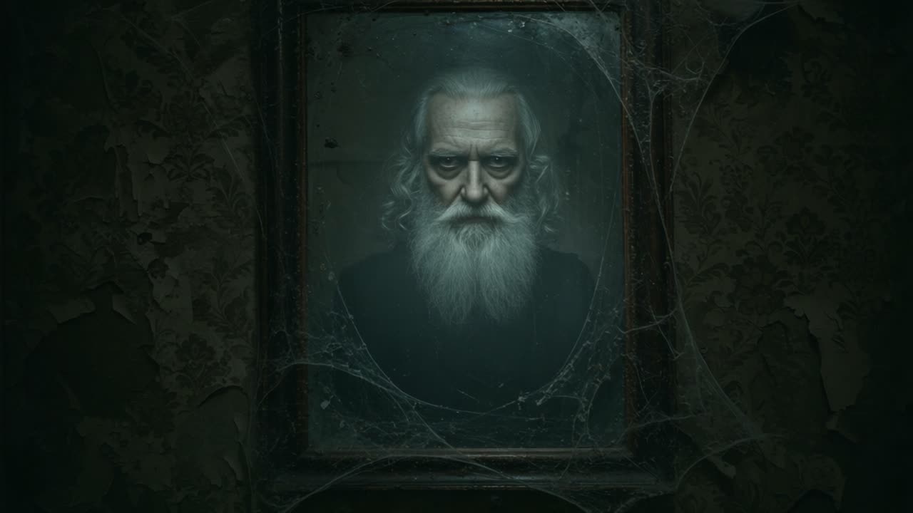 Eerie Portrait of a Mysterious Figure: A Haunting Reflection in a Dusty Frame Surrounded by Cobwebs, Evoking Themes of Age, Memory, and Forgotten History