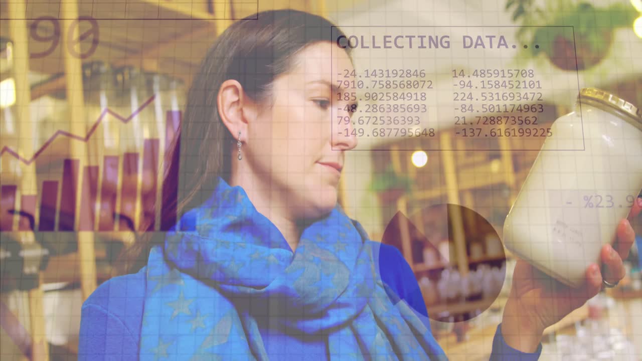 식료품 가게에서 백인 여성 고객에 대한 통계 데이터 처리의 애니메이션