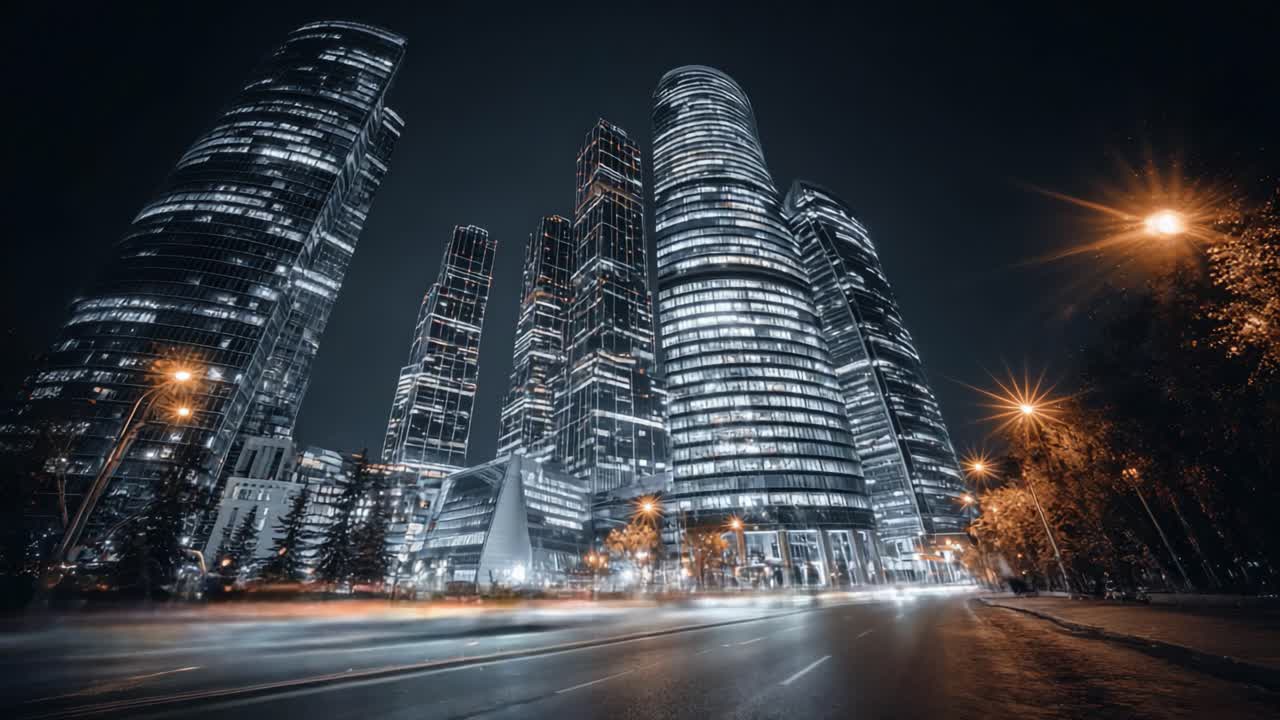 Eine atemberaubende Nachtansicht moderner Wolkenkratzer, beleuchtet von Stadtlichtern, die architektonische Meisterwerke vor einem dunklen Himmel zeigt