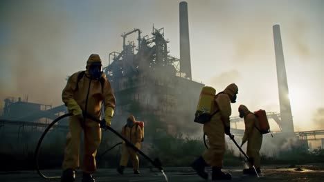 workers in protective gear conduct cleaning operations at an industrial facility, undertaking safety measures amidst smoke and machinery for a safer environment
