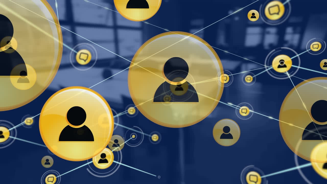 animación de la red de conexiones con iconos sobre la oficina