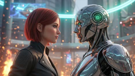 a futuristic encounter: the examination of humanity and technology as a woman faces an advanced robot in a high-tech urban environment surrounded by fire and light