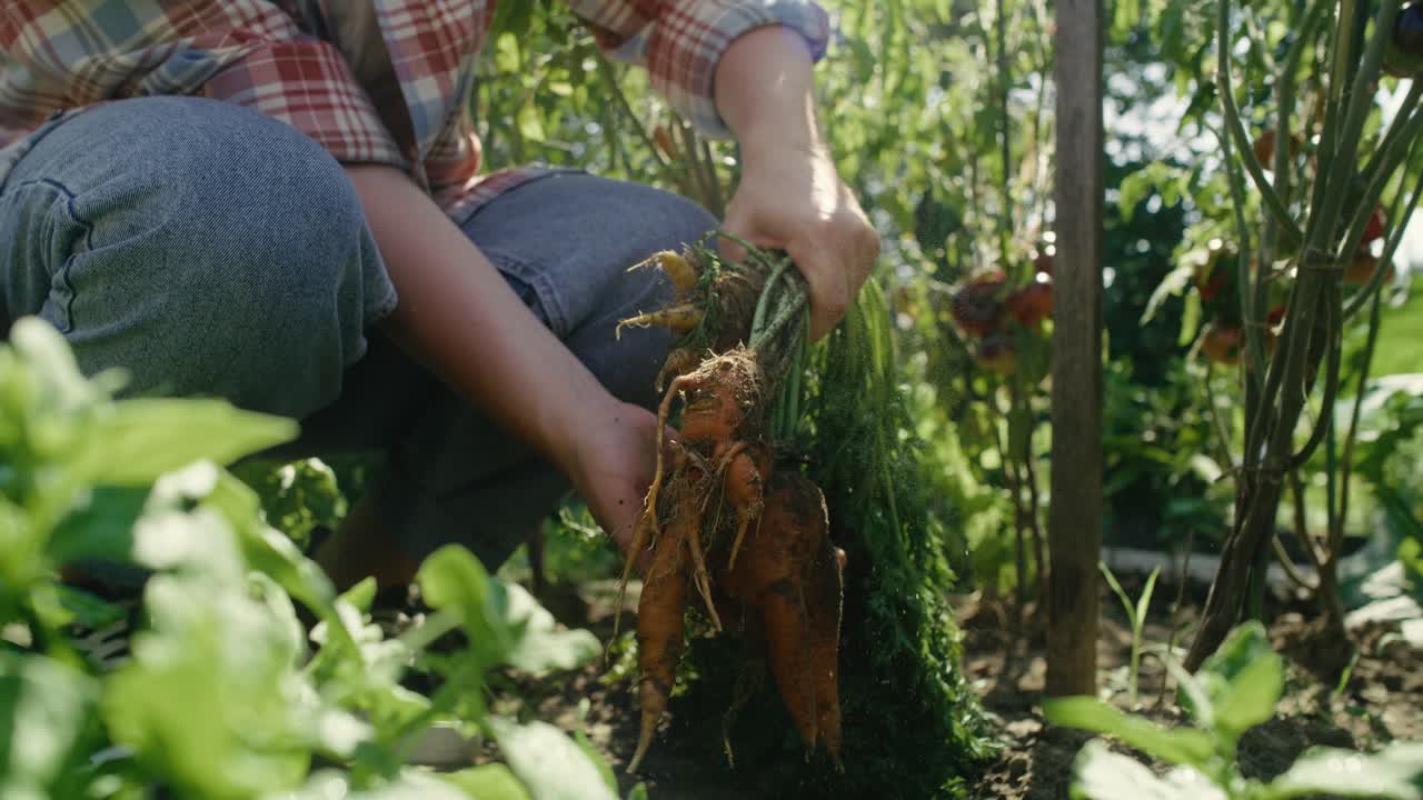 granjero limpiando un manojo de zanahorias
